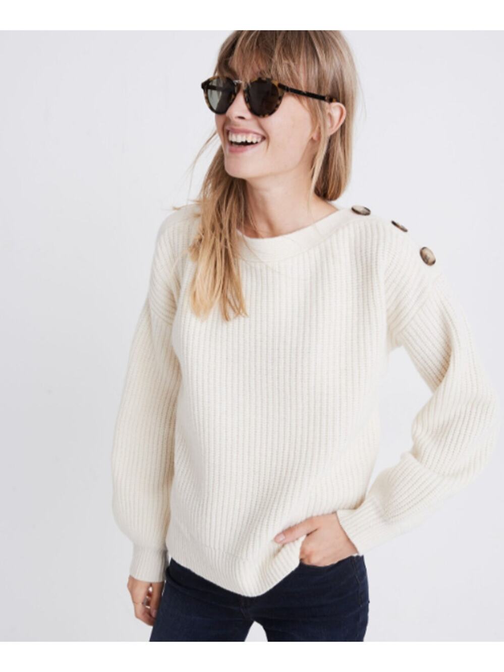 Madewell Boatneck Button Shoulder Sweater White Ribbed Knit Size Small